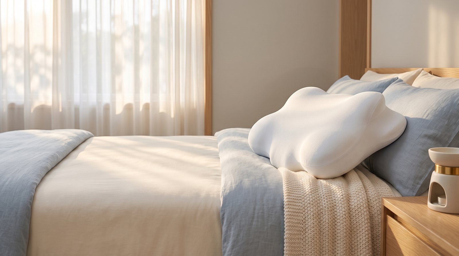 Cloud Halo Pillow on a softly lit bed